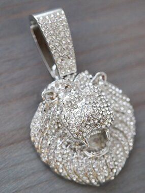 Lion Ice Style with Rhinestones Pendant Silver Plated